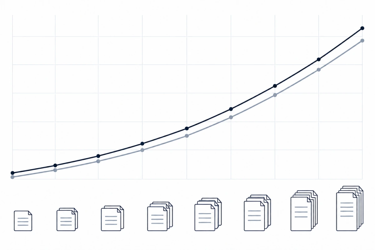 Concept chart of workload rising in step with team size as a company grows